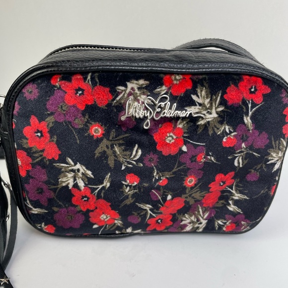 Libby Edelman Black Vinyl Geranium Floral Velour Print Small Crossbody Bag Purse - Picture 7 of 7